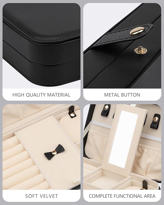 2-Layer Travel Jewelry Box for Women, Portable Jewelry Organizer with Mirror & Removable Dividers, PU Leather Jewelry Case Gift for Wife, Mom, Girlfriend (Black Beige)