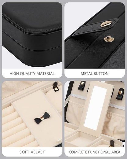 2-Layer Travel Jewelry Box for Women, Portable Jewelry Organizer with Mirror & Removable Dividers, PU Leather Jewelry Case Gift for Wife, Mom, Girlfriend (Black Beige)
