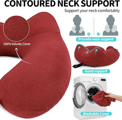 2 Pack Inflatable Travel Neck Pillows for Airplanes, Head Support Velvet Adult Neck Pillows for Long Flight, Kit with Eye Mask, Earplugs and Storage Bag, 2, Red