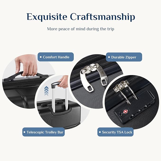 NEWBULIG Suitcases Spinner Wheels Lightweight Expandable Travel Hard Shell Luggage with TSA Lock, Black, 3-PCS Set (20/24/28 Inch)