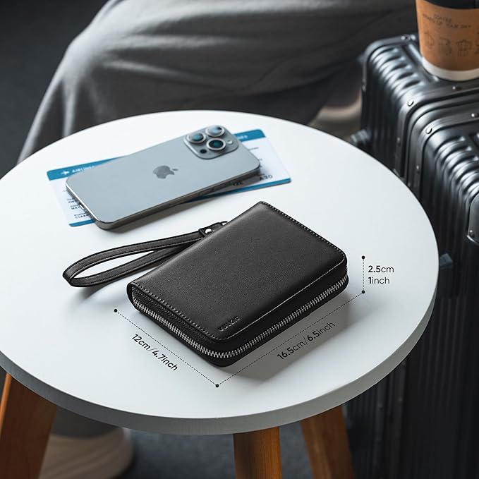 VULKIT Passport Holder for Travel with Airtag Slot, Premium Nappa Leather, RFID Blocking, Zipper Closure with Wrist Strap, Travel Document Organizer
