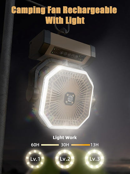 Camping Fan Rechargeable - 9-Inch Battery Powered Fan, 20000mAh(60Hrs) Battery Operated for Camping, Auto Oscillation Cordless, Tent Fan with Remote/Light, 4 Speeds, 4 Timing, Outdoor