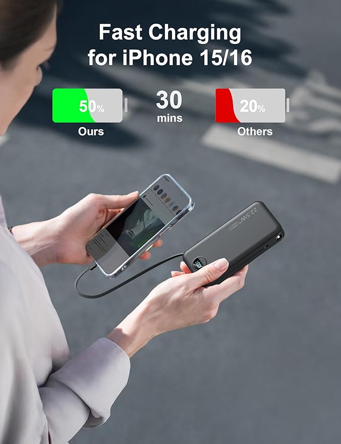 20000mAh Ultra-Portable-Charger-Power-Bank PD20W with Built in Cables&AC Wall Plug,Fast Charging Cell Phone Charger Battery Pack,LED Display Travel Battery Bank for All iPhone,Samsung,Android