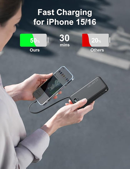 20000mAh Ultra-Portable-Charger-Power-Bank PD20W with Built in Cables&AC Wall Plug,Fast Charging Cell Phone Charger Battery Pack,LED Display Travel Battery Bank for All iPhone,Samsung,Android