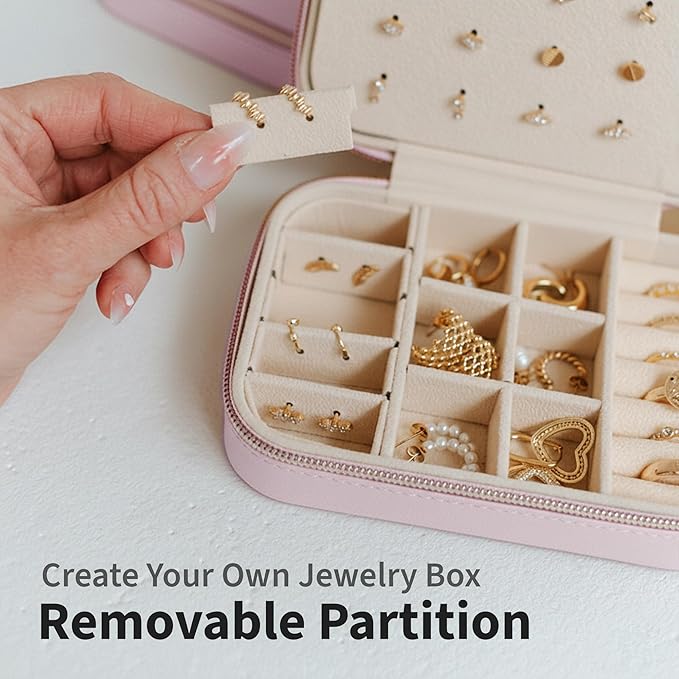 Small Travel Jewelry Box Organizer for women & Girls, Portable Small Travel Jewelry Case Organizer for Traveling, PU Leather Mini Box for Earrings, Necklaces, Rings, Bracelets - Pink