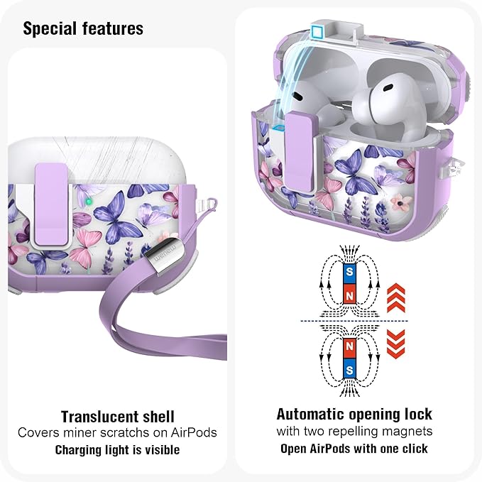 WENEW for AirPods Pro 3 Case (2025) Cover Secure Lock Automatic Snap Switch Clip Cleaner Kit Lanyard Women Stylish Flower Hard Shell Full Body Front LED Visible (Purple Butterfly, AirPods Pro 3)