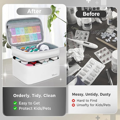 Mancro Dual Layers Medicine Organizer Bag, Pill Bottle Organizer Storage with Lockable Zipper, Medication Travel Bag for Pills, Vitamins, Medical Supplies for Home Storage, Travel, White