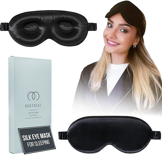MATASSE Silk Eye Mask for Sleeping with Adjustable Elastic Band - 3D Contoured, Eye Cover Sleep Mask w/Genuine Mulberry Silk Including The Strap for Women, Men (Black)