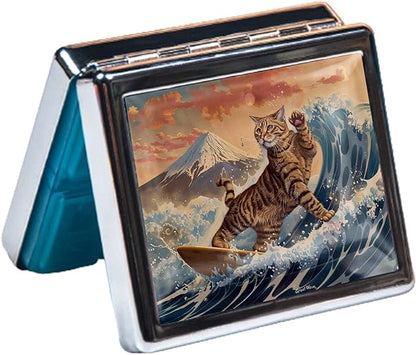 7 Days Chromed Shiny Silver Pill Organizer with Mirror Inside Has 8 Separate Compartments Rectangle Cute Travel Pill Organizer for Purse 7 Days (Surfer cat)