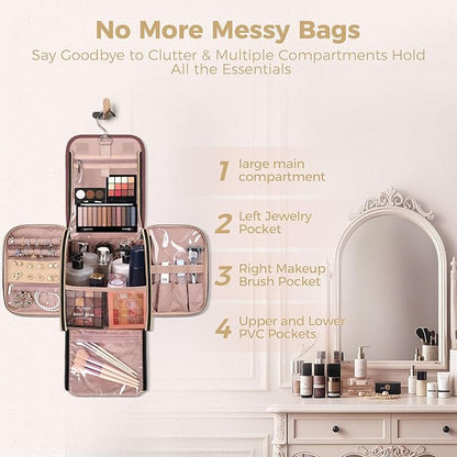 Hanging Toiletry Bag & Makeup Bag for Women with Jewelry Organizer - TSA Approved Large Capacity Travel Cosmetic Organizer, Waterproof Shower Essentials Case with Transparent Pockets
