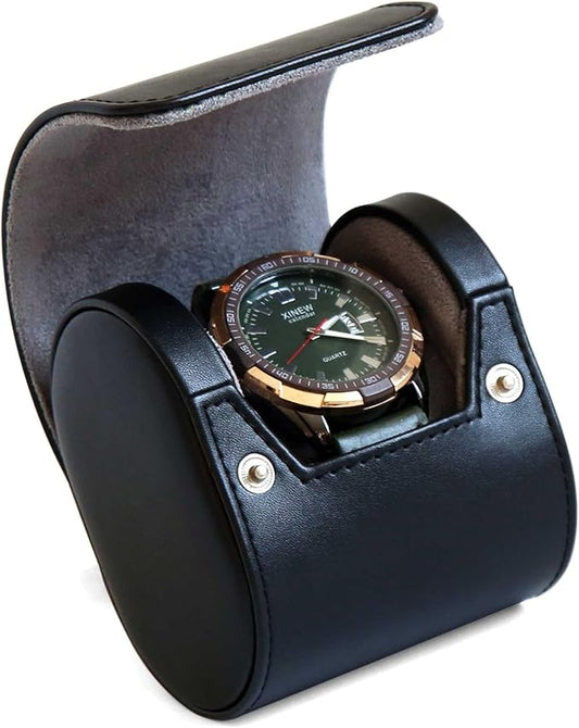 Watch Travel Case, Single Premium Leather Watch Case, Variable Size Watch Pillow Design, Portable Watch Storage Box for Men and Women, Black Watch Roll Organizer with Faux Suede Fabric Lining