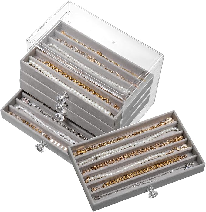 SPAKOWN Necklace Organizer Box, Velvet Necklace Box Holder Tray with Clear Lid Chains Showcase Stackable Necklace Storage for Pendant Bracelet (5 Drawers - Grey)