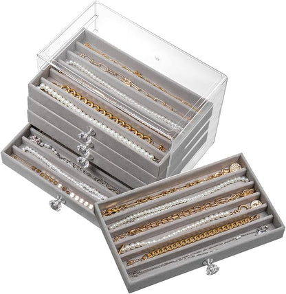 SPAKOWN Necklace Organizer Box, Velvet Necklace Box Holder Tray with Clear Lid Chains Showcase Stackable Necklace Storage for Pendant Bracelet (5 Drawers - Grey)
