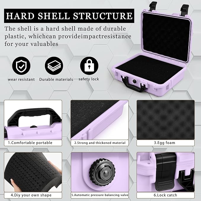 1 Pcs 14.3 x 11.4 x 4.5 Inch Waterproof Hard Case with DIY Customizable Foam Insert Portable Protective Case with Knife for Camera Drones Equipments Tools Test Instruments (Purple)
