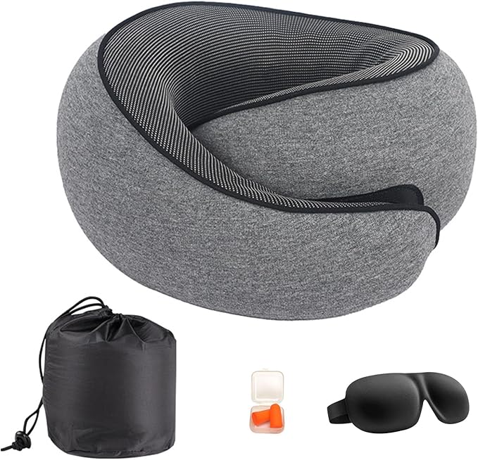 Cloud Sleep Travel Pillow｜360° Adjustable Neck Pillow for Airplane & Office｜NASA Memory Foam｜Free Eye Mask & Earplugs (Grey)