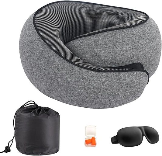 Cloud Sleep Travel Pillow｜360° Adjustable Neck Pillow for Airplane & Office｜NASA Memory Foam｜Free Eye Mask & Earplugs (Grey)