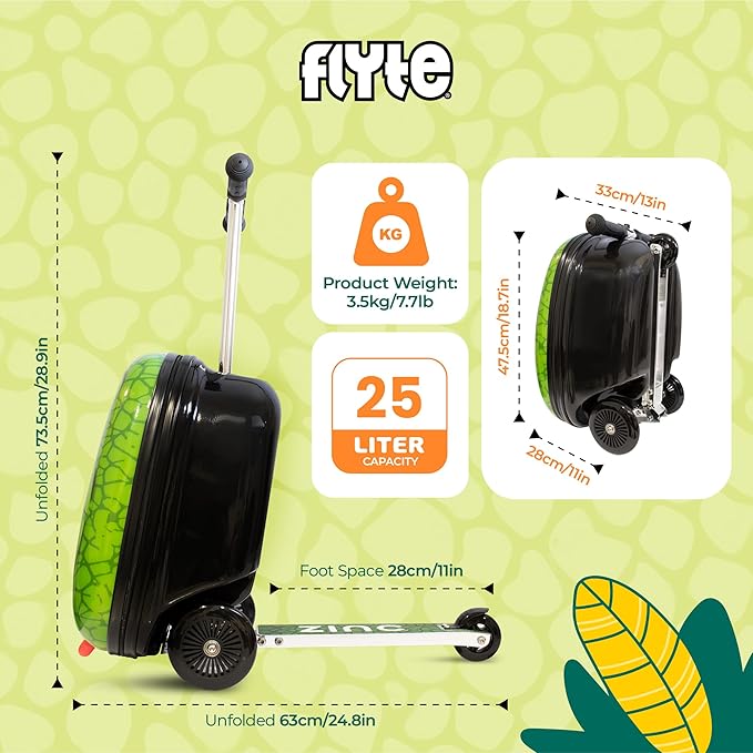 Flyte Darwin The Dino Scooter Suitcase - Rideable, Carry on Compliant 2-in-1 Children's Suitcases, 18 inch Ride on Suitcase for Kids, 25 Litre Capacity Kids' Luggage on Wheels for Children Aged 4+