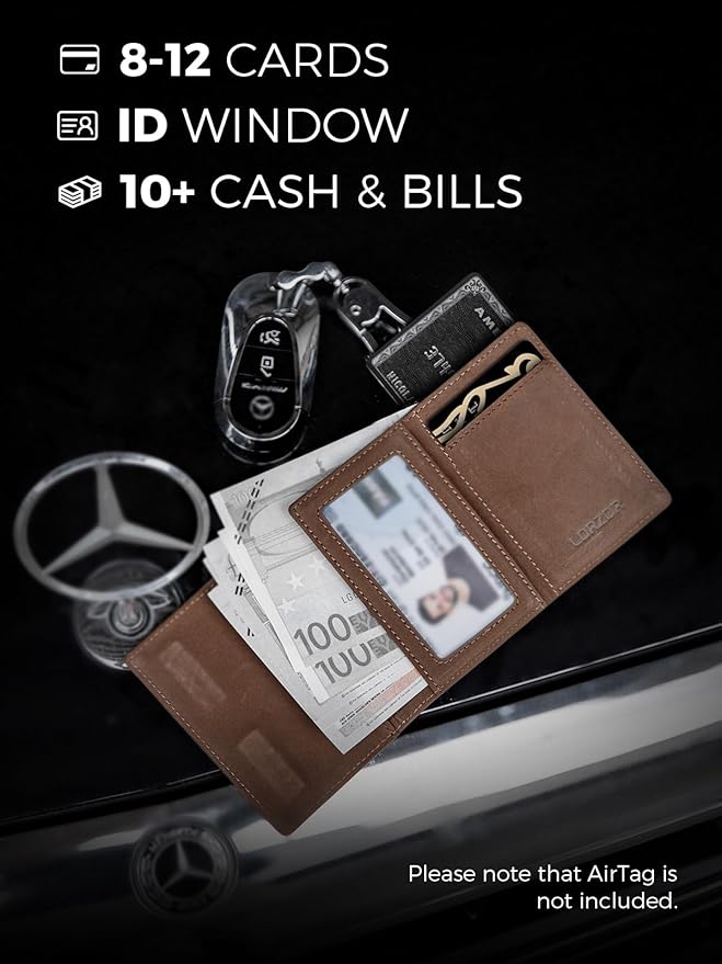 LORZOR Wallet for Men with Metal Card Holder, Pop Up Wallet, Finest Full Grain Leather Trifold Wallet, Smart, Minimalist, RFID Blocking, Front Pocket, ID Window