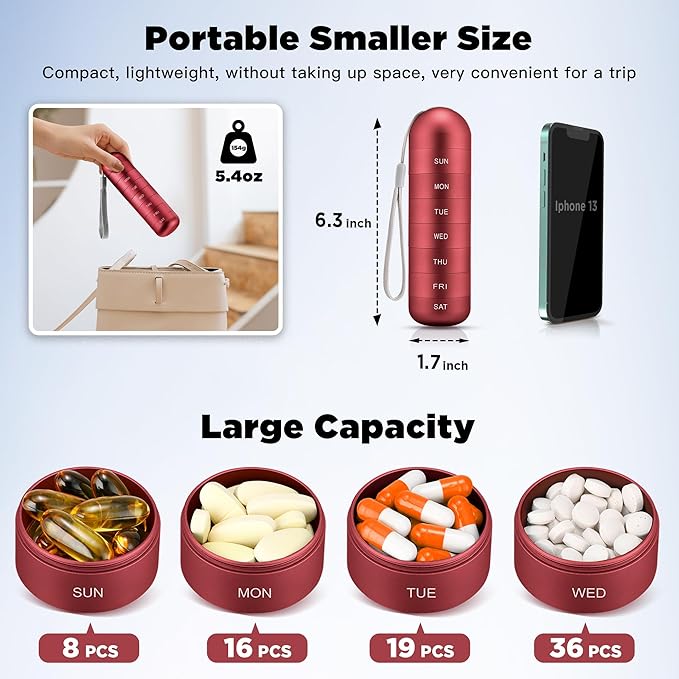 Zannaki Metal Moisture Proof Weekly Pill Organizer, Large Aluminum Alloy BPA Free Travel Hiking 7 Day Pill Box Case Waterproof and Stackable Compartment to Hold Pills, Vitamins, Fish Oil, Supplements