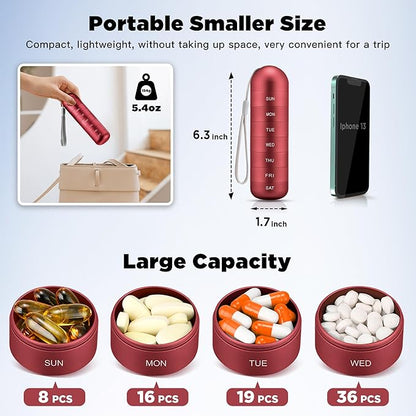 Zannaki Metal Moisture Proof Weekly Pill Organizer, Large Aluminum Alloy BPA Free Travel Hiking 7 Day Pill Box Case Waterproof and Stackable Compartment to Hold Pills, Vitamins, Fish Oil, Supplements
