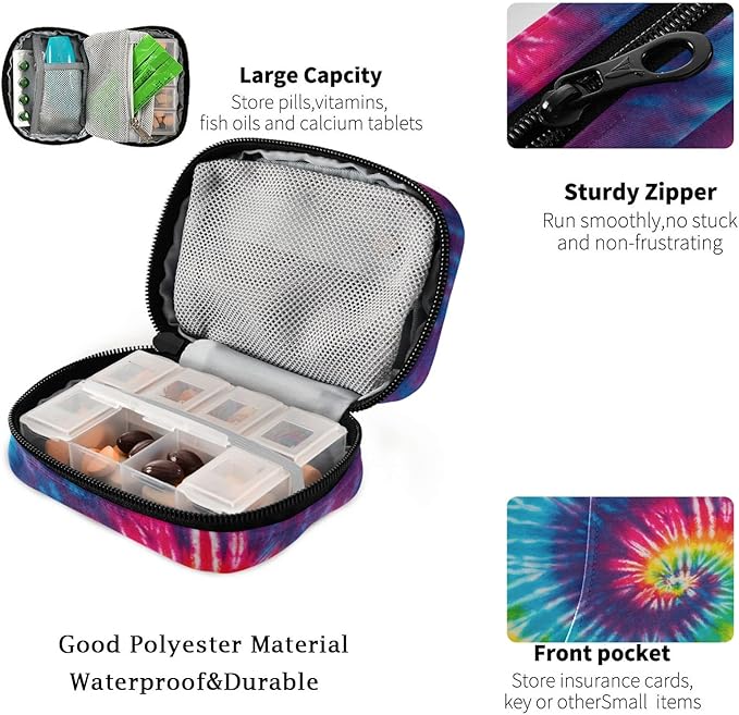 Fustylead Abstract Swirl Design Tie Dye Pill Organizer and Storage Weekly with Zipper, Removable Pill Box Portable Medicine Organizer for Vitamin Fish Oil Supplement