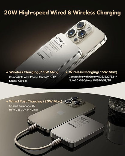 MOMAX Magnetic Power Bank 10000mAh, 20W Fast Charging, Wireless Portable Charger for iPhone 16/15/14/13/12 Series, Magsafe Compatible, USB-C Cable Included