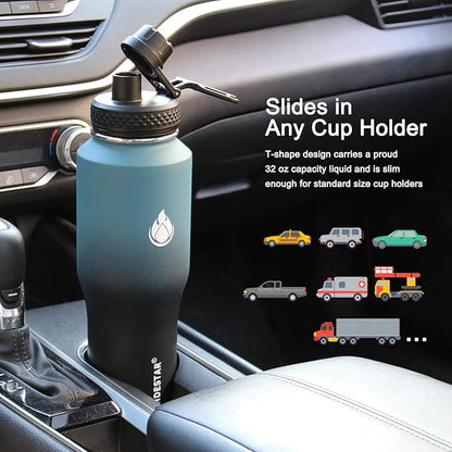 SENDESTAR Water Bottle 32oz,Wide Mouth Stainless Steel Vacuum Insulated Double Wall Keep Liquids Cold or Hot All Day,Sweat Proof Sport Design,Fit Car Cup Holder,(Straw and Spout lid)(Dark blue&Balck)