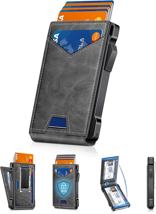 Wallet for Men RFID Wallet with 2 ID Windows & Money Clip, Slim Pop Up Card Holder for 10-12 Cards, Bifold Minimalist Smart Wallet for Front Pocket, Compact Metal Credit Card Holder, Gifts for Men