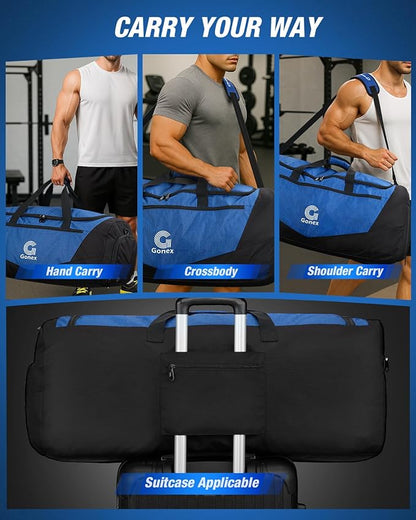 Gonex Gym Duffel Bag with Shoe Compartment Wet Pocket, Large Capacity Sports Duffle Bag for Men Women, Workout & Travel Bag with Multiple Pockets, Black/Blue, Large (100L)