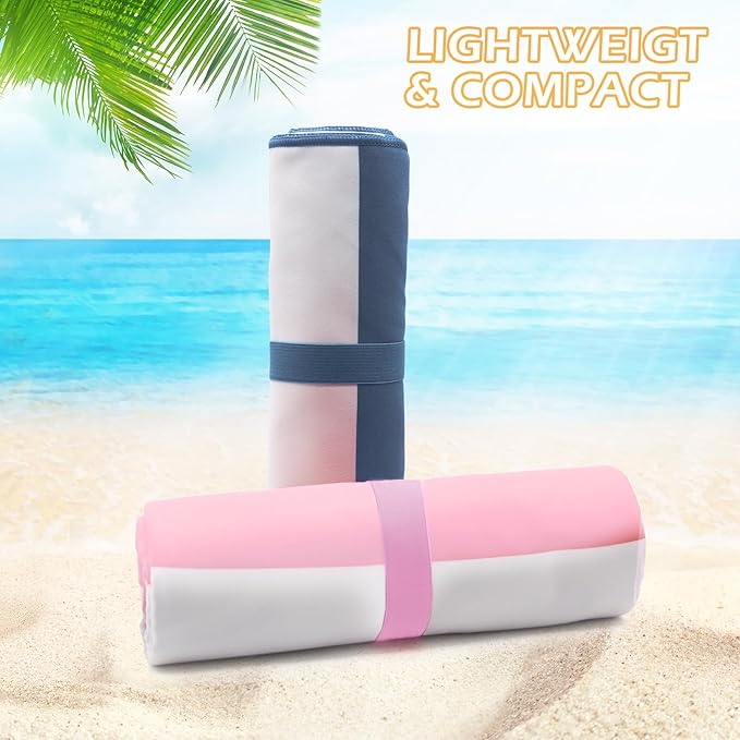 Eunzel 2 Pack Microfiber Beach Towel, Quick Dry Travel Towel Large Sand Free Towel for Beach, Camping, Swim Pool, Gym, Sports& Yoga 71"x32", Stripe Navy & Pink