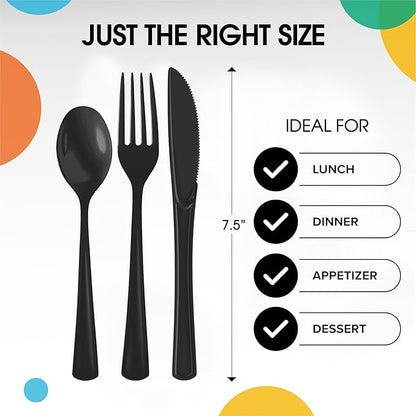 Black Plastic Silverware Heavy Duty 300 Pieces Black Disposable Silverware Heavy Duty, Utensil Sets, 100 Of Each Forks, Knives & Spoons Disposable Cutlery Set For Party Supplies