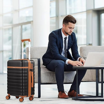 Luggage Sets 3 Piece, Carry On Luggage 20In With Spinner Wheels,PC Hardside Suitcase Set with TSA Lock,Durable Carry On Suitcase With Travel Backpack for Men (Black Brown, 3 piece set (BP/20inch))
