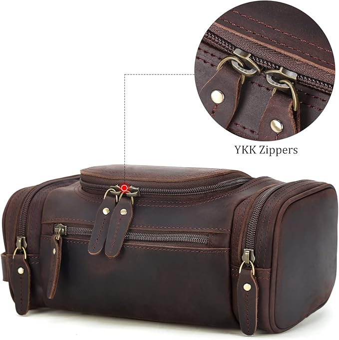 Polare Toiletry Bag Full Grain Leather Shaving Kit Dopp Kit Travel Case Wash Bag with YKK Zippers