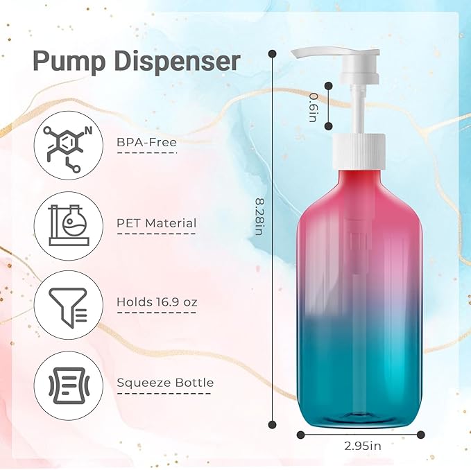 Empty Plastic Gradient Color Bottles with Pump Dispenser and Labels Included, Refillable Travel Containers for Hand sanitizer Shampoo Lotion, etc - No BPA/Parabenf, 500ml/16.9oz (Gradient, 6 Pack)