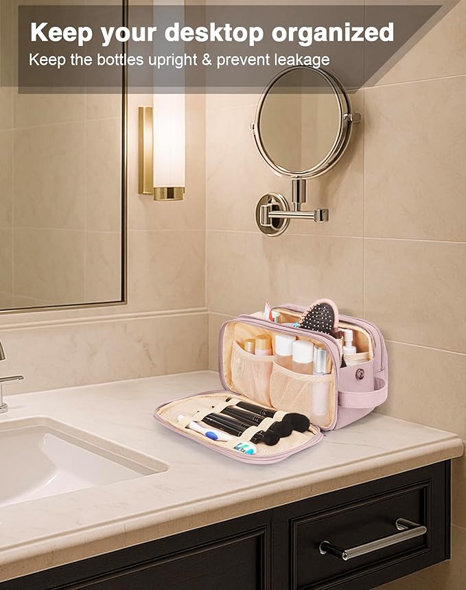 Toiletry Bag for Men & Women, Cruise Ship Travel Essentials, Shaving Dopp Kit with Dry and Wet Separation, Water-resistant Bathroom Cosmetic Organizer Bag, Makeup Accessories with Trolley Belt, Pink