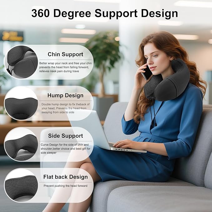 Travel Neck Pillow - Memory Foam U-Shaped - Sleep Neck Pillow 360° Ergonomic Support, Washable Foldable with Storage Box - for Airplane, Car, Office, Home (Dark Gray)