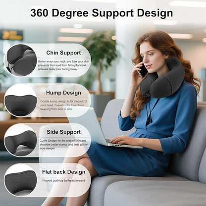Travel Neck Pillow - Memory Foam U-Shaped - Sleep Neck Pillow 360° Ergonomic Support, Washable Foldable with Storage Box - for Airplane, Car, Office, Home (Dark Gray)