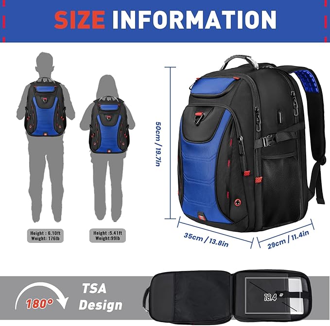 Z-MGKISS Large Travel Backpack for Men, 18.4 Inch Laptop backpack, TSA Flight Approved, Water Resistant, Business Work Bag with USB Charging Port, Extra large Backpacks, Blue