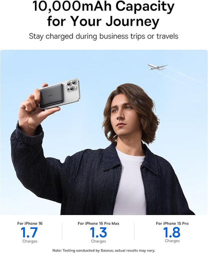 Baseus Picogo Magsafe Portable Charger, Qi2 Certified 0.5" Ultra Slim 15W Wireless Power Bank, 10000mAh 27W Fast Charging Magnetic Battery Pack with USB-C for iPhone 17/16/15/14/13/12 Series Only