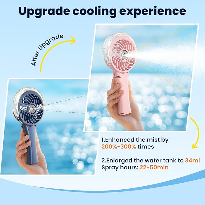 HandFan Upgraded Portable Handheld Misting Fan, Rechargeable Personal Mister Fan, Spray Water Mist Fans, Foldable Electric Mini Cooling Hand Fans for Summer Beach Travel Concerts Disney(Pink)