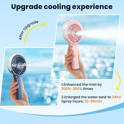HandFan Upgraded Portable Handheld Misting Fan, Rechargeable Personal Mister Fan, Spray Water Mist Fans, Foldable Electric Mini Cooling Hand Fans for Summer Beach Travel Concerts Disney(Pink)