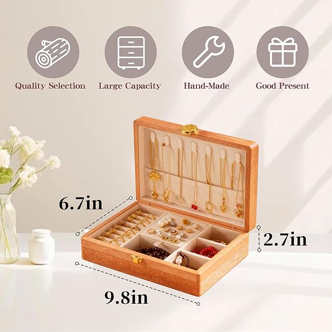 Travel Jewelry Case Small Wood Jewelry Organizer Jewelry Box for Women (Pine Wood Print C)