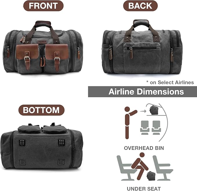 Wildroad 60L Travel Duffel Bag, Expandable Canvas Genuine Leather Duffle Bag Upgraded Overnight Weekender Bag Carry on Bag
