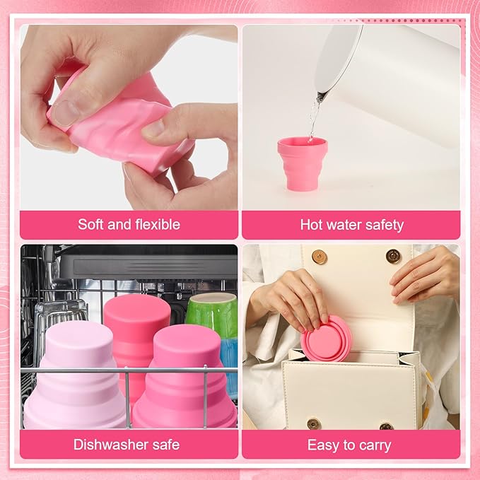 24 Pcs Silicone Collapsible Travel Cup Reusable Foldable Camping Cup Portable Expandable Drinking Mug for Traveling Outdoor Hiking (Pink Color)