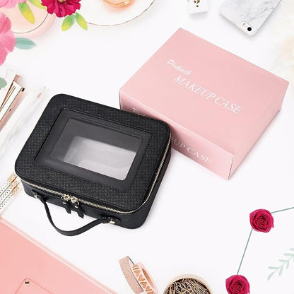Pinkmik Clear Makeup Bag for Women Waterproof Travel Cosmetics and Toiletries Case Portable Makeup Oaganizer Bag Clear Car Bag with Zipper (Black, M+L)