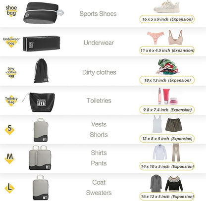 Compression Packing Cubes 8 Set, Dual Zipper Compression Packing Cubes for Travel, See-Through Mesh Packing Bags for Suitcases, packing cubes with shoe bag (Black)