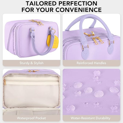 Travel Makeup Bag for Women Fashion Large Capacity Pouch Open Flat Cosmetic Portable Organizer Waterproof Large Opening Storage Toiletry Bags Vertical Free-Standing Brush Holder for Easy Access Purple