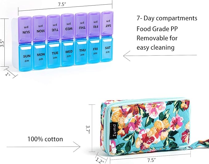 Weekly Pill Organizer 2 Times a Day, Zumd Pill Box 7 Day with Cute Quilted Fabric Zipper Case, Travel Pill Case Am Pm for Vitamin Medicine Organizer