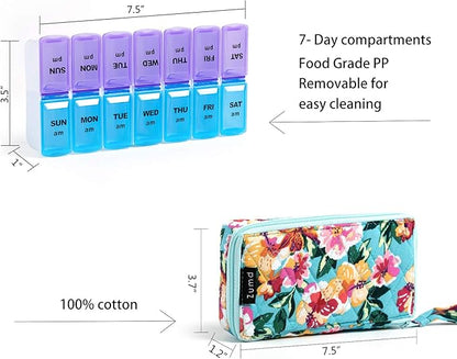 Weekly Pill Organizer 2 Times a Day, Zumd Pill Box 7 Day with Cute Quilted Fabric Zipper Case, Travel Pill Case Am Pm for Vitamin Medicine Organizer