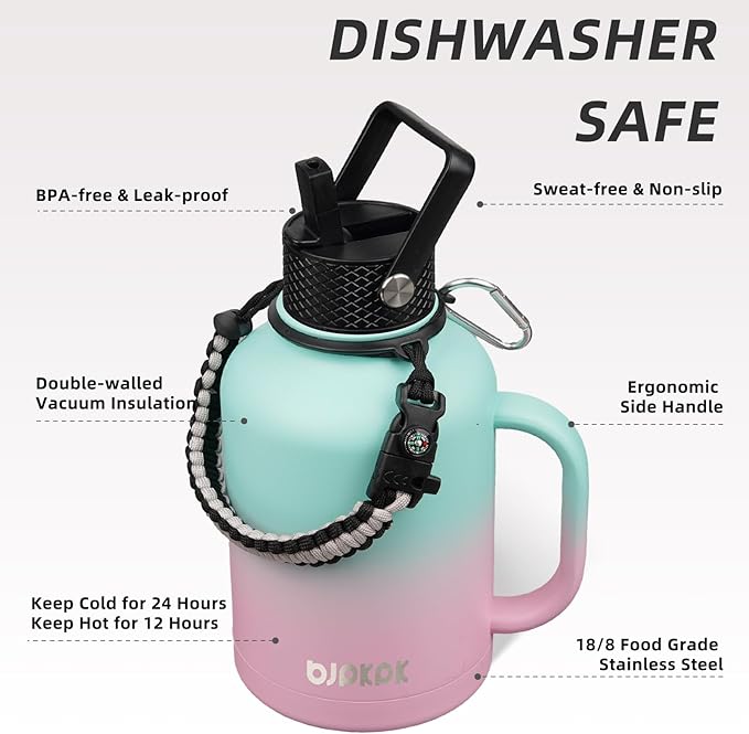 BJPKPK Large Insulated Water Bottles with Straw Lid & Handle, 50oz, 64oz, 87oz, 128oz Water Bottle with 3 Lids and Paracord Strap, Stainless Steel Metal Water Bottle, Insulated Water Jug, Marshmallow